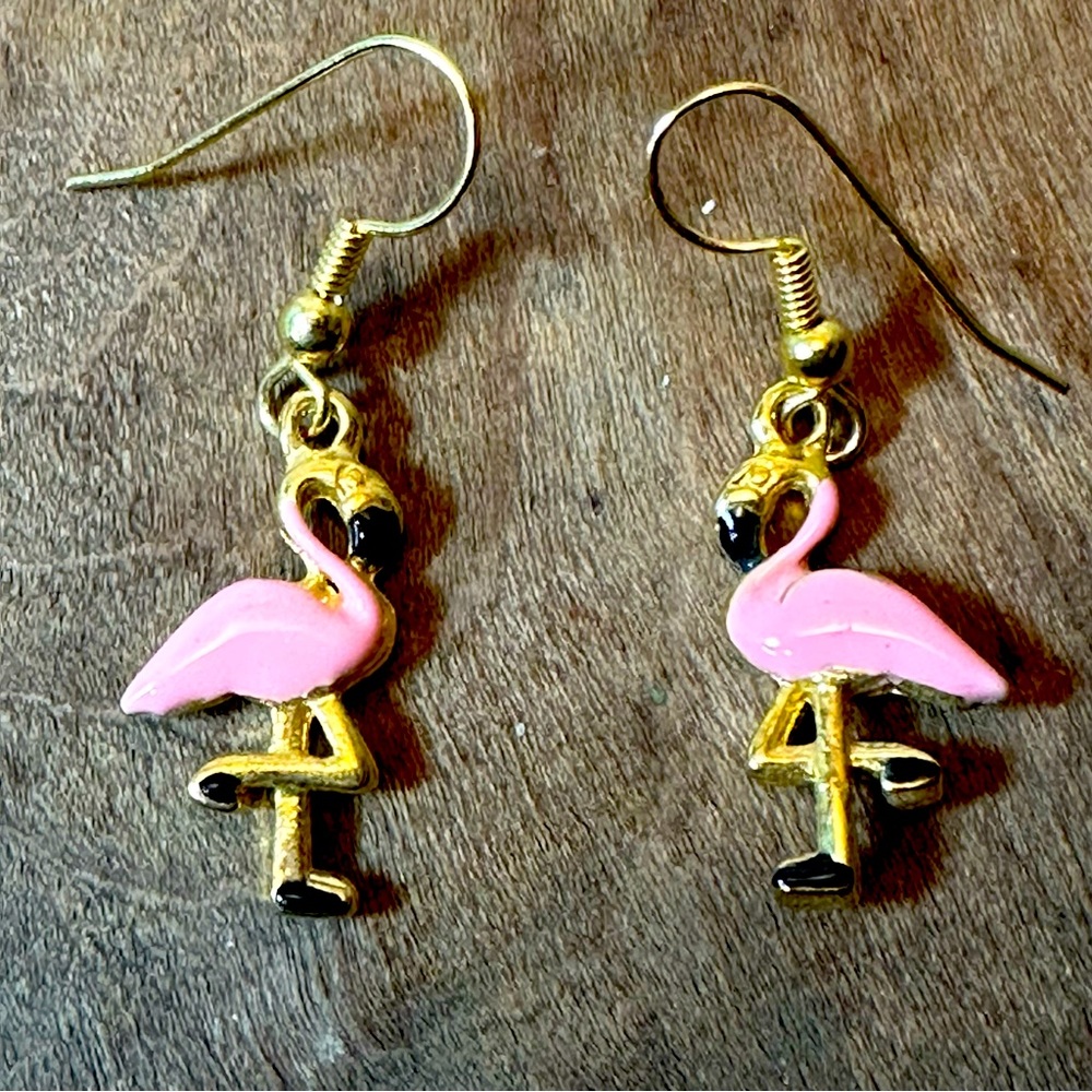 Flamingo Pierced Earrings- Enamel and Gold Tone